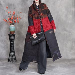 Red and Black Printed Midi Quilted Coat