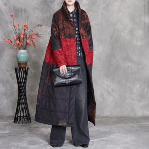 Red and Black Printed Midi Quilted Coat