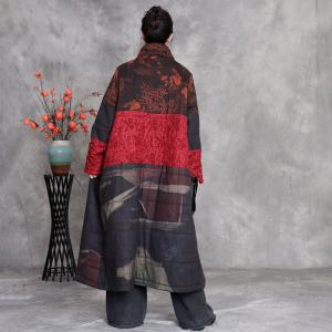 Red and Black Printed Midi Quilted Coat