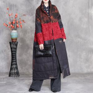 Red and Black Printed Midi Quilted Coat