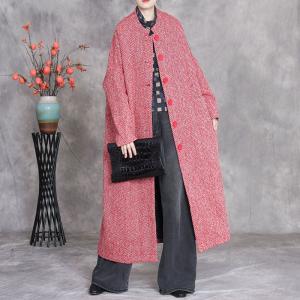 Button Down Wool Blend Red H-Shaped Coat
