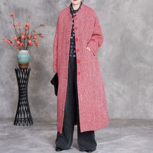 Button Down Wool Blend Red H-Shaped Coat