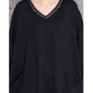 V-Neck Half Sleeves Loose Black Dress