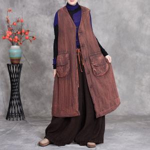 Flap Pocket Quilted Linen Long Waistcoat