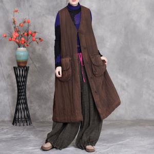 Flap Pocket Quilted Linen Long Waistcoat