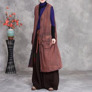 Flap Pocket Quilted Linen Long Waistcoat
