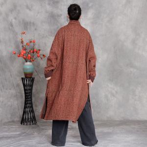 Side Slit Floral Cotton Linen Quilted Coat