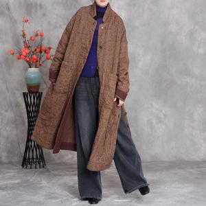 Side Slit Floral Cotton Linen Quilted Coat