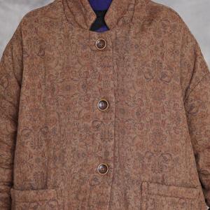 Side Slit Floral Cotton Linen Quilted Coat