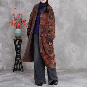Polo Neck Mid-Calf Printed Cotton Coat
