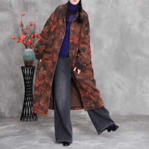 Polo Neck Mid-Calf Printed Cotton Coat