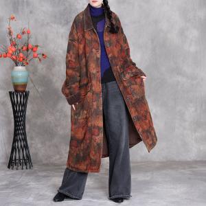 Polo Neck Mid-Calf Printed Cotton Coat