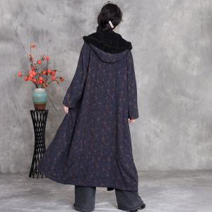 Winter Fleeced Long Floral Hooded Coat