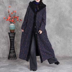 Winter Fleeced Long Floral Hooded Coat