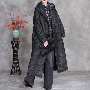 Black Jacquard Hooded Padded Coat