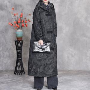 Black Jacquard Hooded Padded Coat