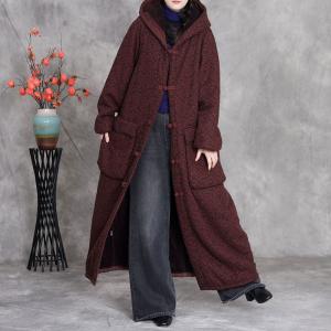 Chinese Buttons Floral Fleeced Maxi Hooded Coat