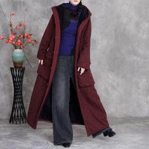 Chinese Buttons Floral Fleeced Maxi Hooded Coat