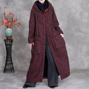 Chinese Buttons Floral Fleeced Maxi Hooded Coat