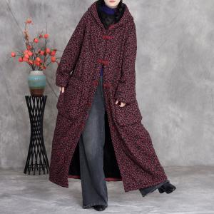 Chinese Buttons Floral Fleeced Maxi Hooded Coat