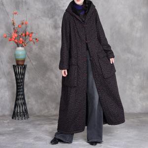 Chinese Buttons Floral Fleeced Maxi Hooded Coat