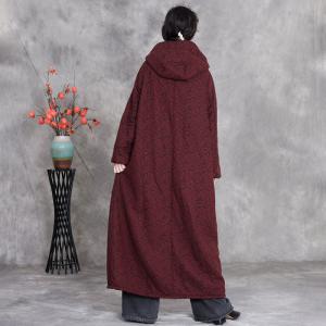 Chinese Buttons Floral Fleeced Maxi Hooded Coat