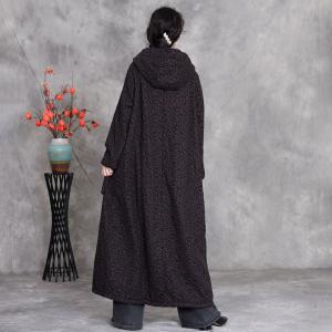 Chinese Buttons Floral Fleeced Maxi Hooded Coat