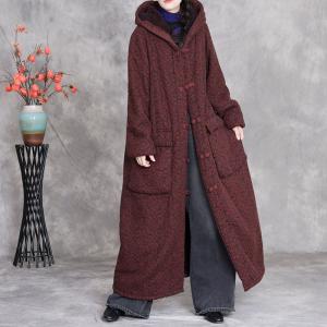 Chinese Buttons Floral Fleeced Maxi Hooded Coat