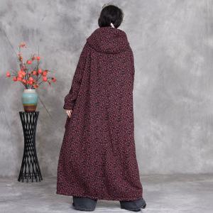 Chinese Buttons Floral Fleeced Maxi Hooded Coat