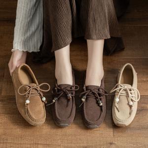 Beads Shoelace Suede Leather Boho Flats