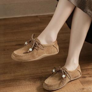 Beads Shoelace Suede Leather Boho Flats