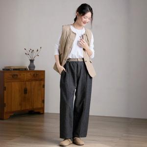 High Waist Cotton Linen Straight Leg Work Pants