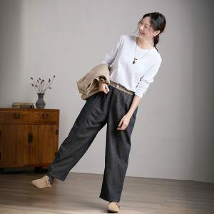 High Waist Cotton Linen Straight Leg Work Pants