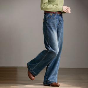 Cotton Retro Denim High Rise Warm Straight Leg Jeans
