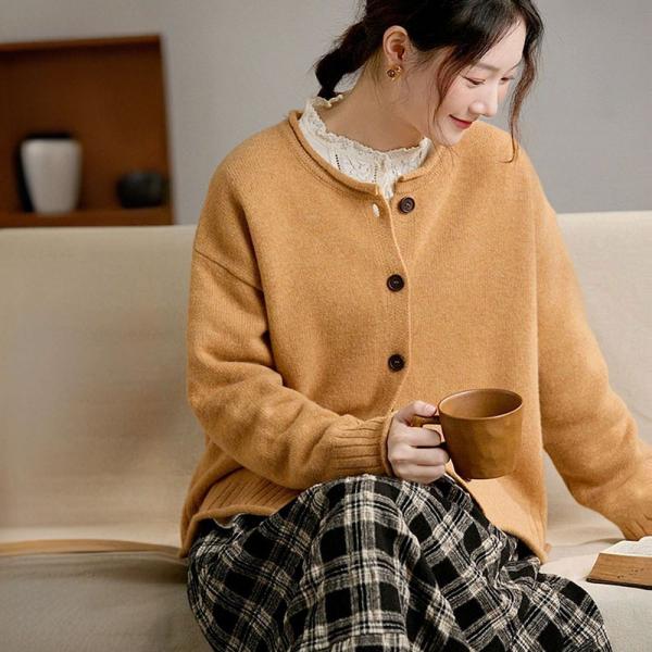 Casual 100% Basulam Sheep Wool Long Sleeve Round Neck Solid Color Mustard comfy oversized lazy day 90s rustic cottagecore