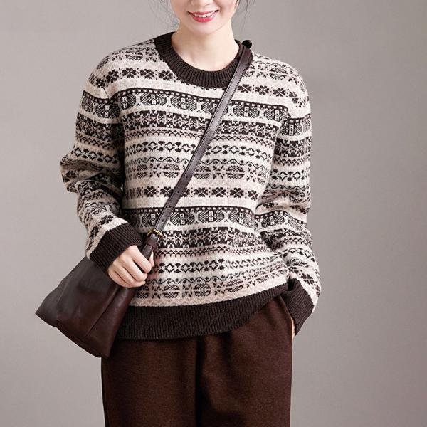 Casual 100% Basulam Sheep Wool Long Sleeve Round Neck Printed Dark Coffee comfy plus size lazy day 90s slouchy ugly
