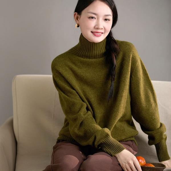 Casual 100% Basulam Sheep Wool Long Sleeve Turtle Neck Solid Color Army Green Orange comfy oversized lazy day 90s ulzzang