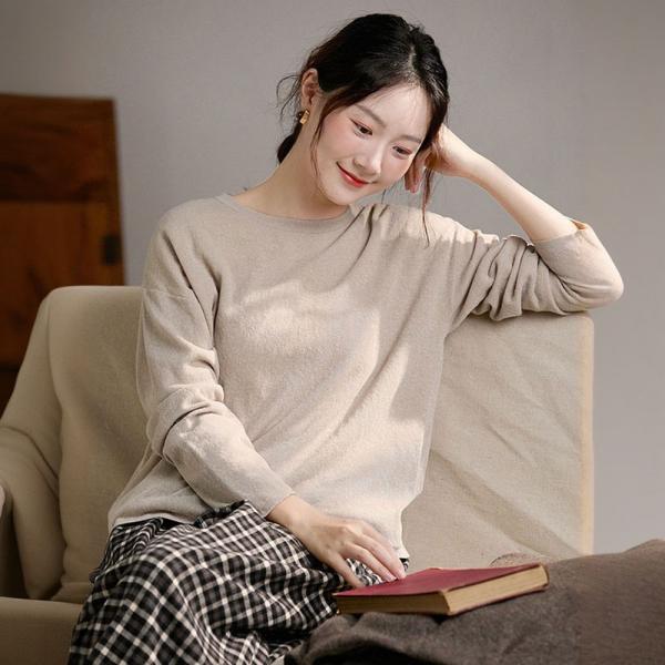 Casual Knit Linen Long Sleeve Round Neck Solid Color Apricot comfy oversized slouchy lazy day 90s cottagecore rustic