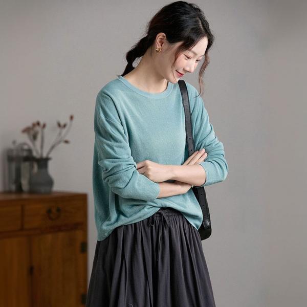 Casual Knit Linen Long Sleeve Round Neck Solid Color Apricot comfy oversized slouchy lazy day 90s cottagecore rustic Cyan