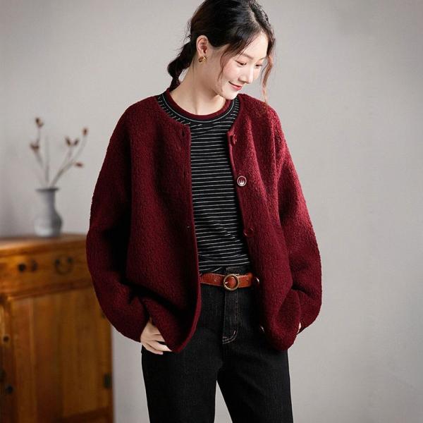 Casual Sheep Wool Long Sleeve Round Neck Solid Color Burgundy comfy slouchy lazy day 90s