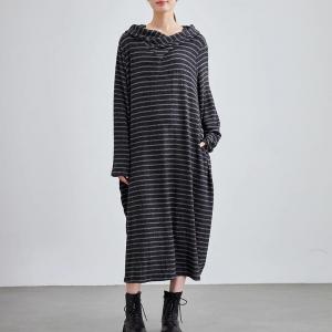 Cozy Black Striped Hooded Dress