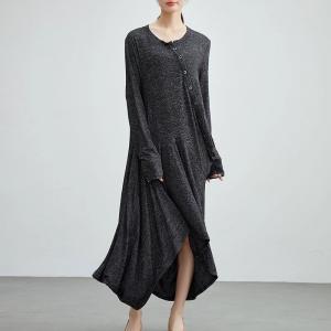 Slanted Buttons Asymmetrical Gray Dress