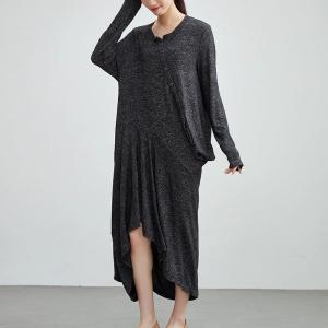 Slanted Buttons Asymmetrical Gray Dress