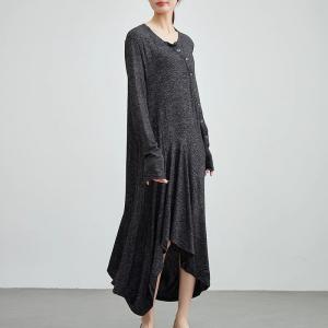 Slanted Buttons Asymmetrical Gray Dress
