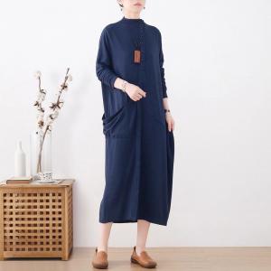 Mock Neck Slanted Buttons Blue Knitted Dress