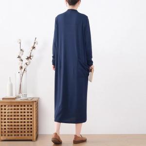 Mock Neck Slanted Buttons Blue Knitted Dress