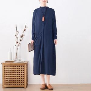 Mock Neck Slanted Buttons Blue Knitted Dress