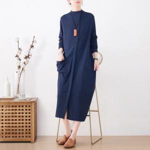 Mock Neck Slanted Buttons Blue Knitted Dress