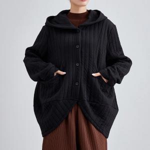 Button Down Black Hooded Short Jacket Cardigan
