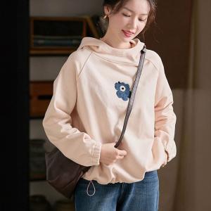 Fleeced Lining Flowers Embroidered Hoodie